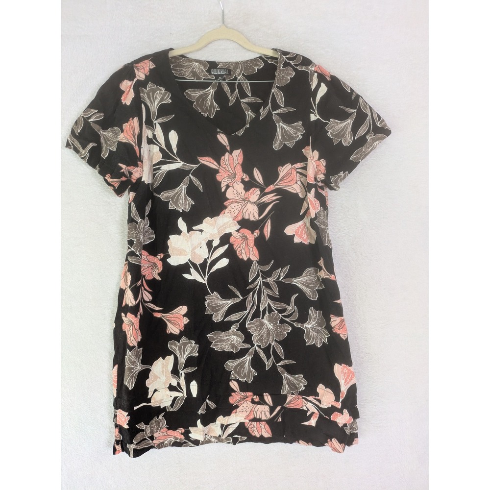 Nicole Miller Tunic Women's XL Black Pink Floral Linen Blend V-Neck Short Sleeve